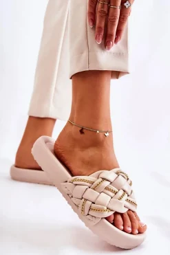 Discount Boto Damskie Skórzane Klapki Z Łańcuszkiem Beżowe Soline