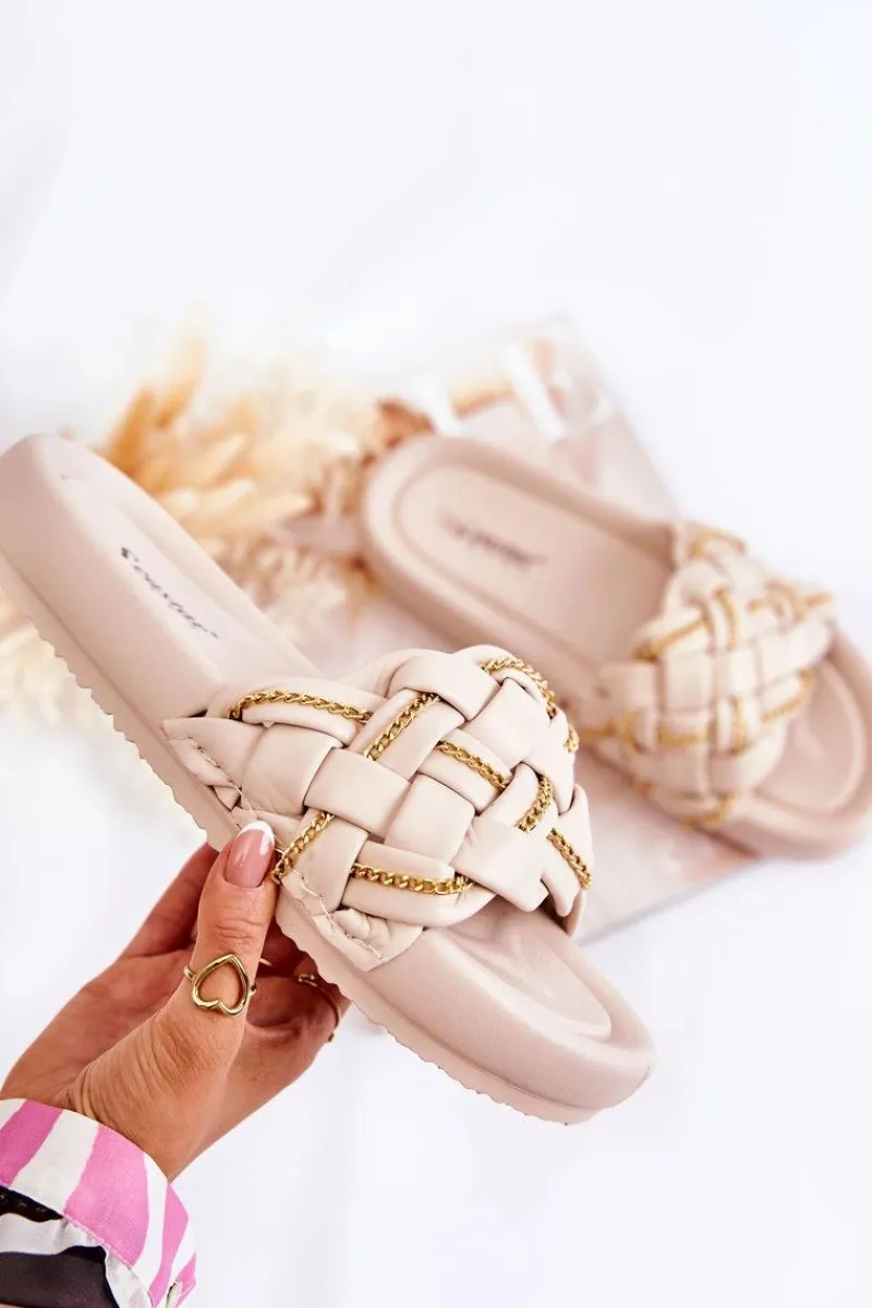 Discount Boto Damskie Skórzane Klapki Z Łańcuszkiem Beżowe Soline