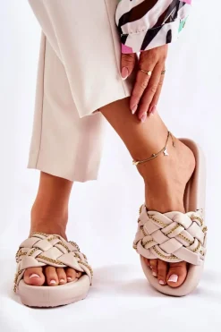 Discount Boto Damskie Skórzane Klapki Z Łańcuszkiem Beżowe Soline