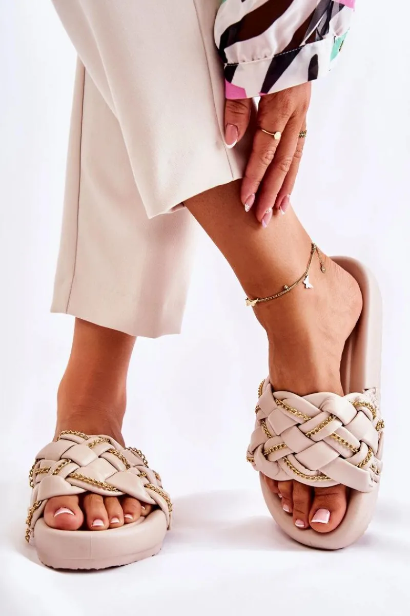 Discount Boto Damskie Skórzane Klapki Z Łańcuszkiem Beżowe Soline