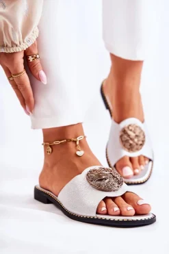 Best Damskie Skórzane Klapki Z Ozdobą Srebrne Colene Damskie Klapki Damskie Klasyczne