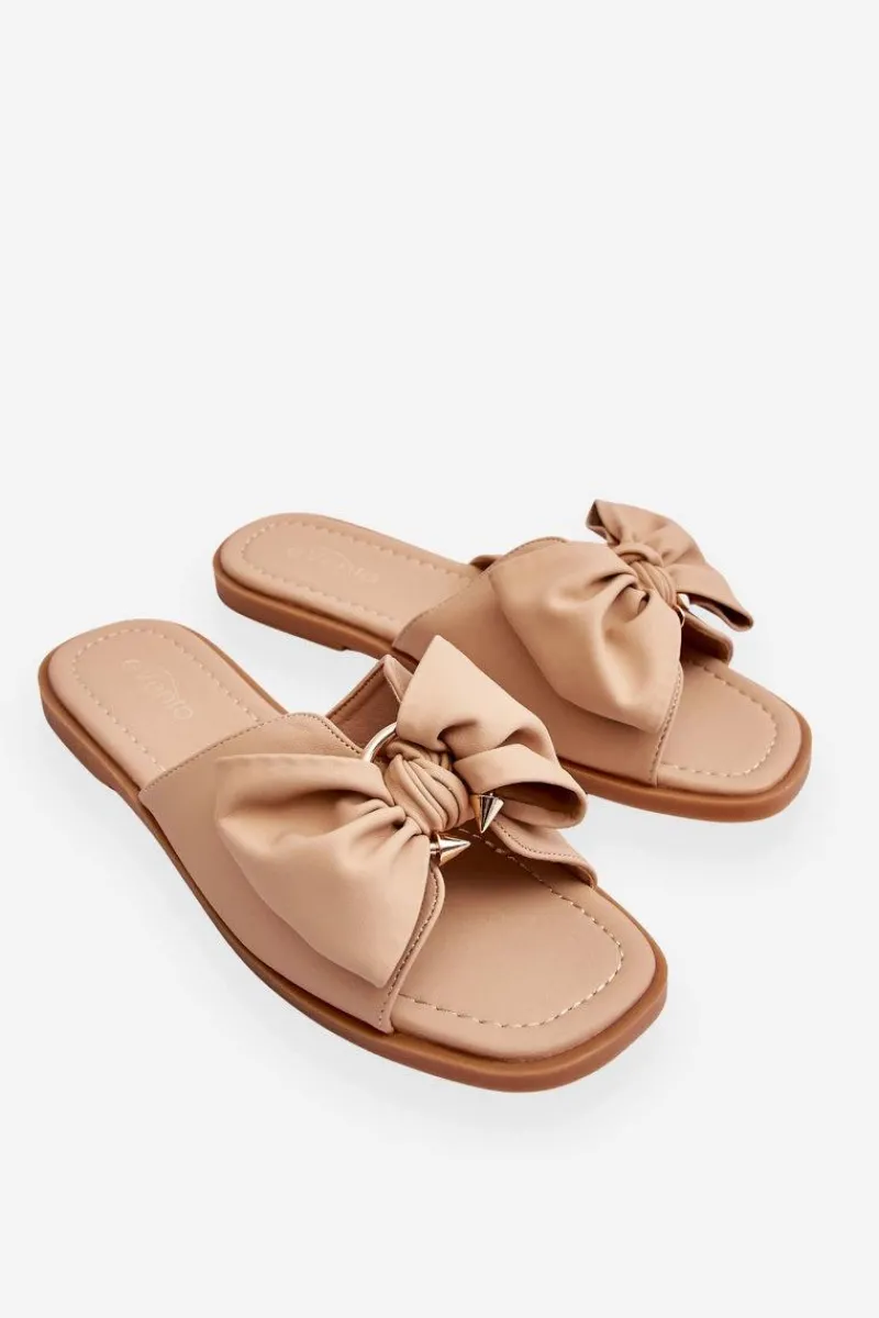 Klapki Damskie Klasyczne>Evento Damskie Skórzane Klapki Z Kokardą Beżowe Becky Beżowy