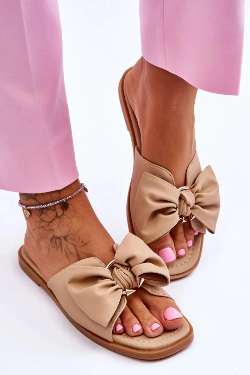 Klapki Damskie Klasyczne>Evento Damskie Skórzane Klapki Z Kokardą Beżowe Becky Beżowy