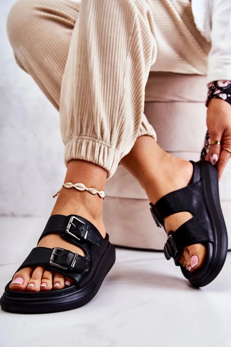 Boto Damskie Skórzane Klapki Ze Sprzączką La.Fi Czarne Nariss