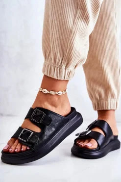 Boto Damskie Skórzane Klapki Ze Sprzączką La.Fi Czarne Nariss