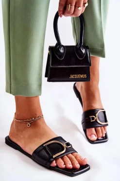 Online Boto Damskie Skórzane Klasyczne Klapki Z Ozdobą Czarne Shilla