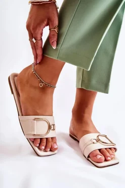 Sale Damskie Skórzane Klasyczne Klapki Z Ozdobą Beżowe Shilla Damskie Klapki Damskie Klasyczne