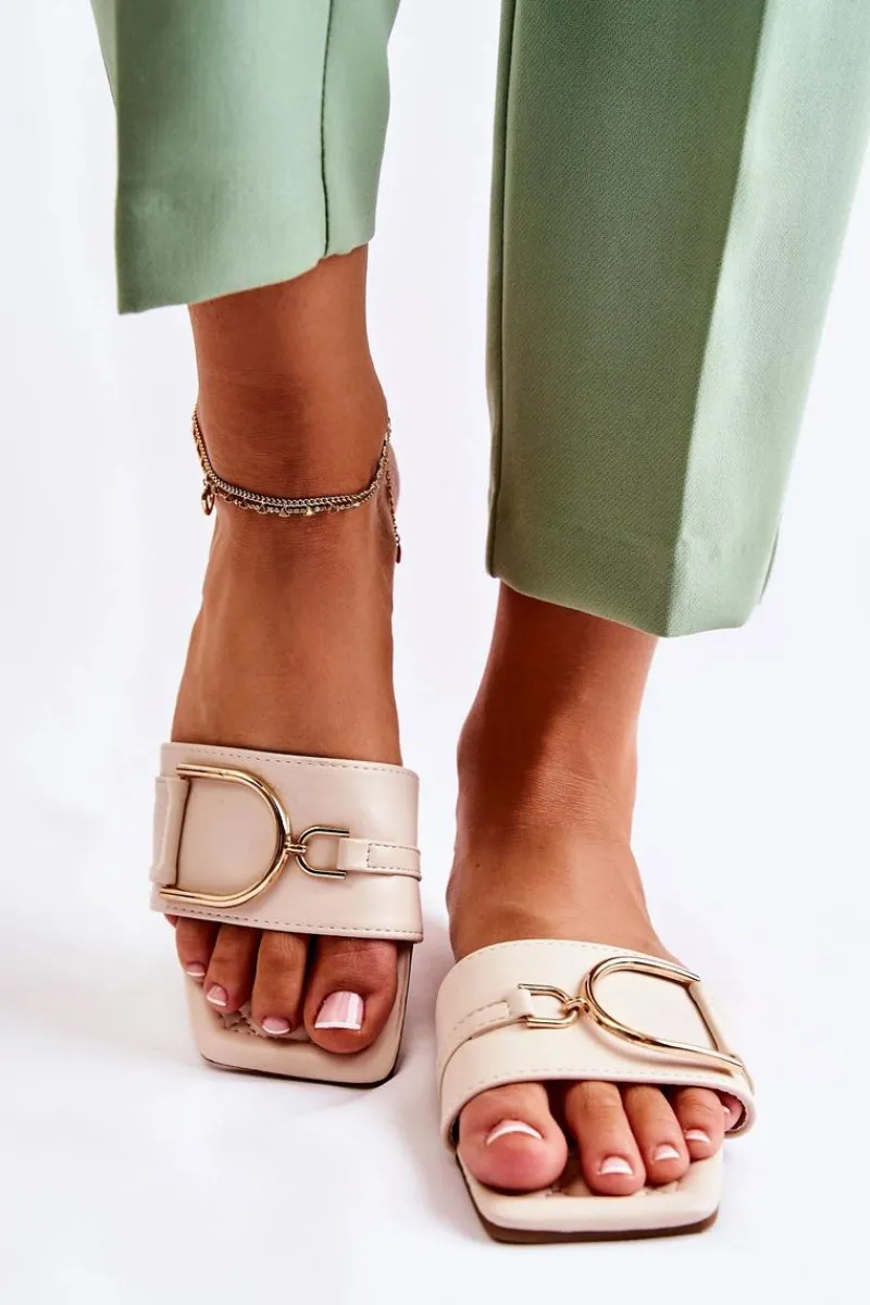 Sale Damskie Skórzane Klasyczne Klapki Z Ozdobą Beżowe Shilla Damskie Klapki Damskie Klasyczne