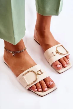 Sale Damskie Skórzane Klasyczne Klapki Z Ozdobą Beżowe Shilla Damskie Klapki Damskie Klasyczne