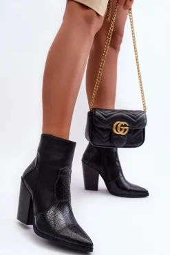 Hot Boto Damskie Skórzane Kowbojki Botki Czarne Fiorene