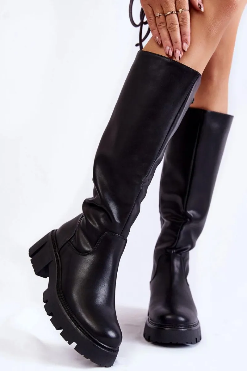 Kozaki Płaskie|Kozaki Przed Kolano>Buty Sergio Leone Damskie Skórzane Kozaki Do Kolana Czarne Caldera