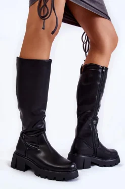 Kozaki Płaskie|Kozaki Przed Kolano>Buty Sergio Leone Damskie Skórzane Kozaki Do Kolana Czarne Caldera