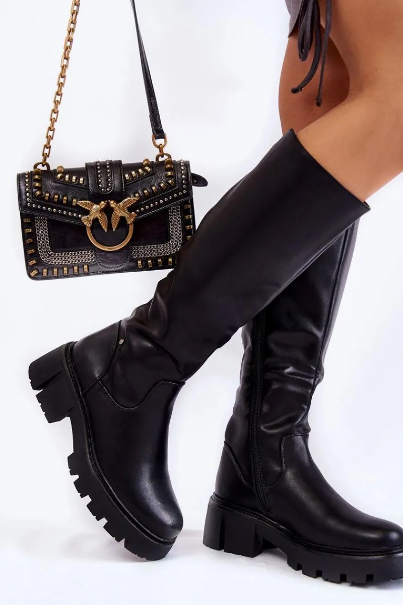 Kozaki Płaskie|Kozaki Przed Kolano>Buty Sergio Leone Damskie Skórzane Kozaki Do Kolana Czarne Caldera