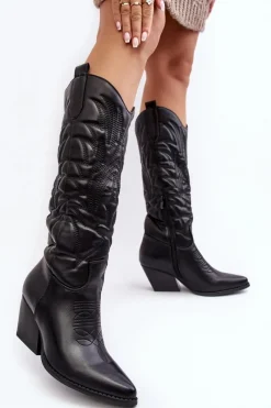 Discount Boto Damskie Skórzane Kozaki Kowbojki Na Słupku Czarne Sloana