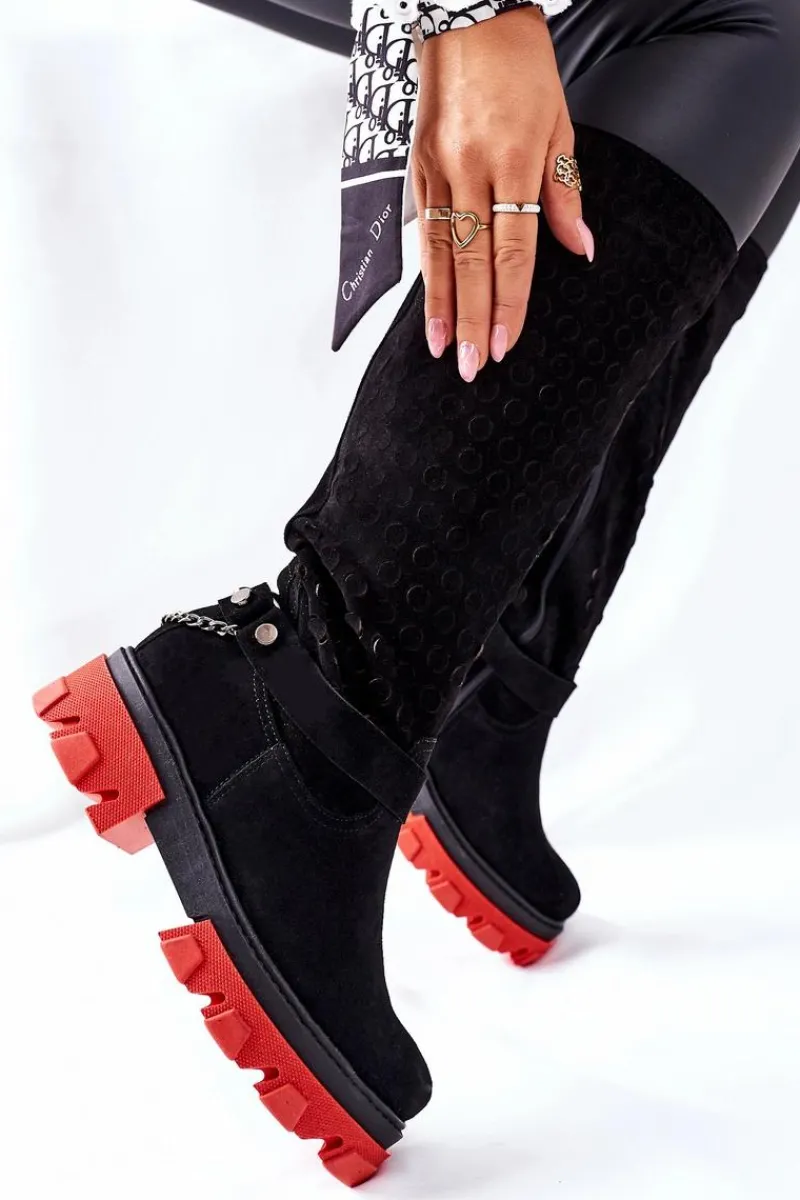 Outlet Boto Damskie Skórzane Kozaki Lewski Czarne Zamszowe 2866 Czarny