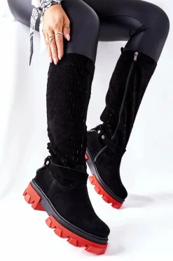 Outlet Boto Damskie Skórzane Kozaki Lewski Czarne Zamszowe 2866 Czarny