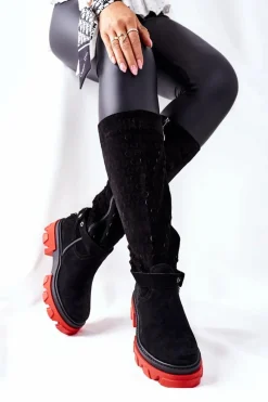 Outlet Boto Damskie Skórzane Kozaki Lewski Czarne Zamszowe 2866 Czarny