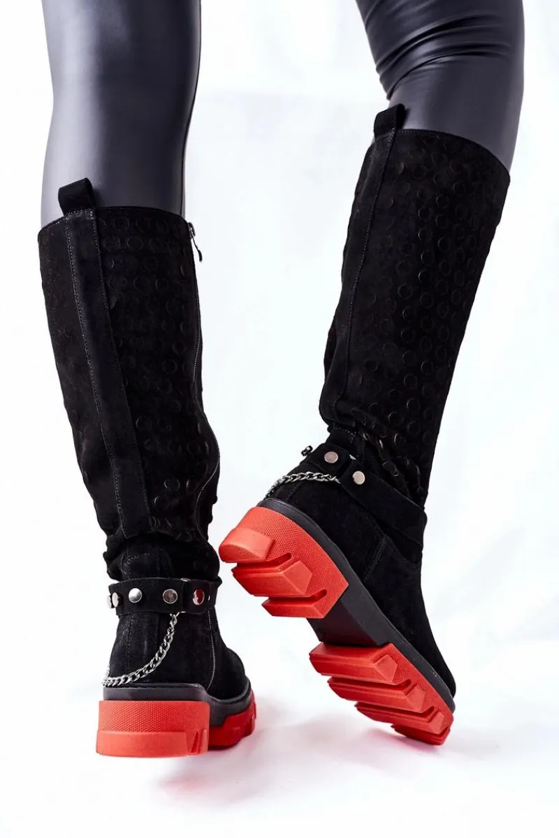 Outlet Boto Damskie Skórzane Kozaki Lewski Czarne Zamszowe 2866 Czarny