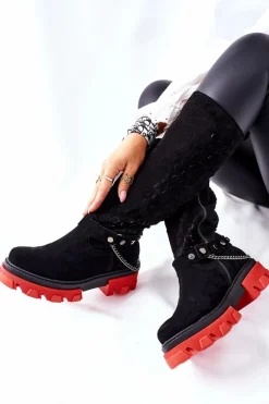 Outlet Boto Damskie Skórzane Kozaki Lewski Czarne Zamszowe 2866 Czarny