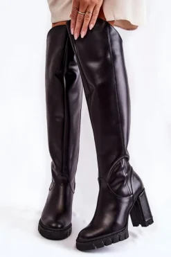 Clearance Damskie Skórzane Kozaki Muszkieterki Czarne Georgette Damskie Kozaki Wiosenne|Kozaki Za Kolano