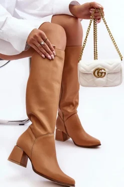 Kozaki Przed Kolano|Kozaki Na Obcasie>Boto Damskie Skórzane Kozaki Na Obcasie Camel Lewski 2928/B/2