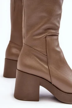 Kozaki Wiosenne|Kozaki Przed Kolano></noscript>Boto Damskie Skórzane Kozaki Na Masywnym Słupku Ciemnobeżowe Lemar Odennia