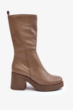 Kozaki Wiosenne|Kozaki Przed Kolano></noscript>Boto Damskie Skórzane Kozaki Na Masywnym Słupku Ciemnobeżowe Lemar Odennia