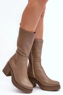 Kozaki Wiosenne|Kozaki Przed Kolano></noscript>Boto Damskie Skórzane Kozaki Na Masywnym Słupku Ciemnobeżowe Lemar Odennia