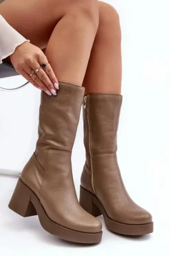 Kozaki Wiosenne|Kozaki Przed Kolano></noscript>Boto Damskie Skórzane Kozaki Na Masywnym Słupku Ciemnobeżowe Lemar Odennia