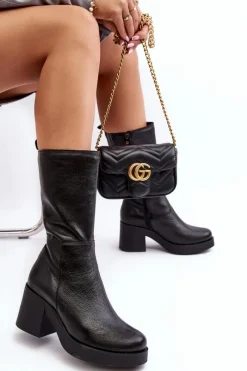 New Boto Damskie Skórzane Kozaki Na Masywnym Słupku Czarne Lemar Odennia