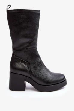 New Boto Damskie Skórzane Kozaki Na Masywnym Słupku Czarne Lemar Odennia