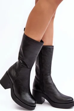 New Boto Damskie Skórzane Kozaki Na Masywnym Słupku Czarne Lemar Odennia