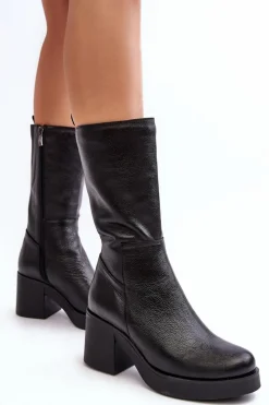 New Boto Damskie Skórzane Kozaki Na Masywnym Słupku Czarne Lemar Odennia