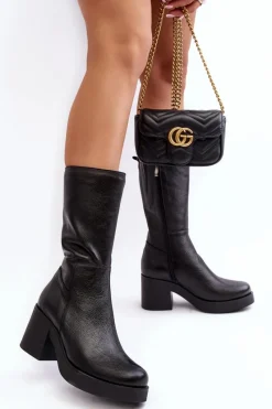 New Boto Damskie Skórzane Kozaki Na Masywnym Słupku Czarne Lemar Odennia