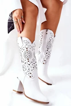 Discount Damskie Skórzane Kozaki na Słupku Białe Lewski 2923 Pick Me Up Damskie Kozaki Wiosenne|Kozaki Przed Kolano