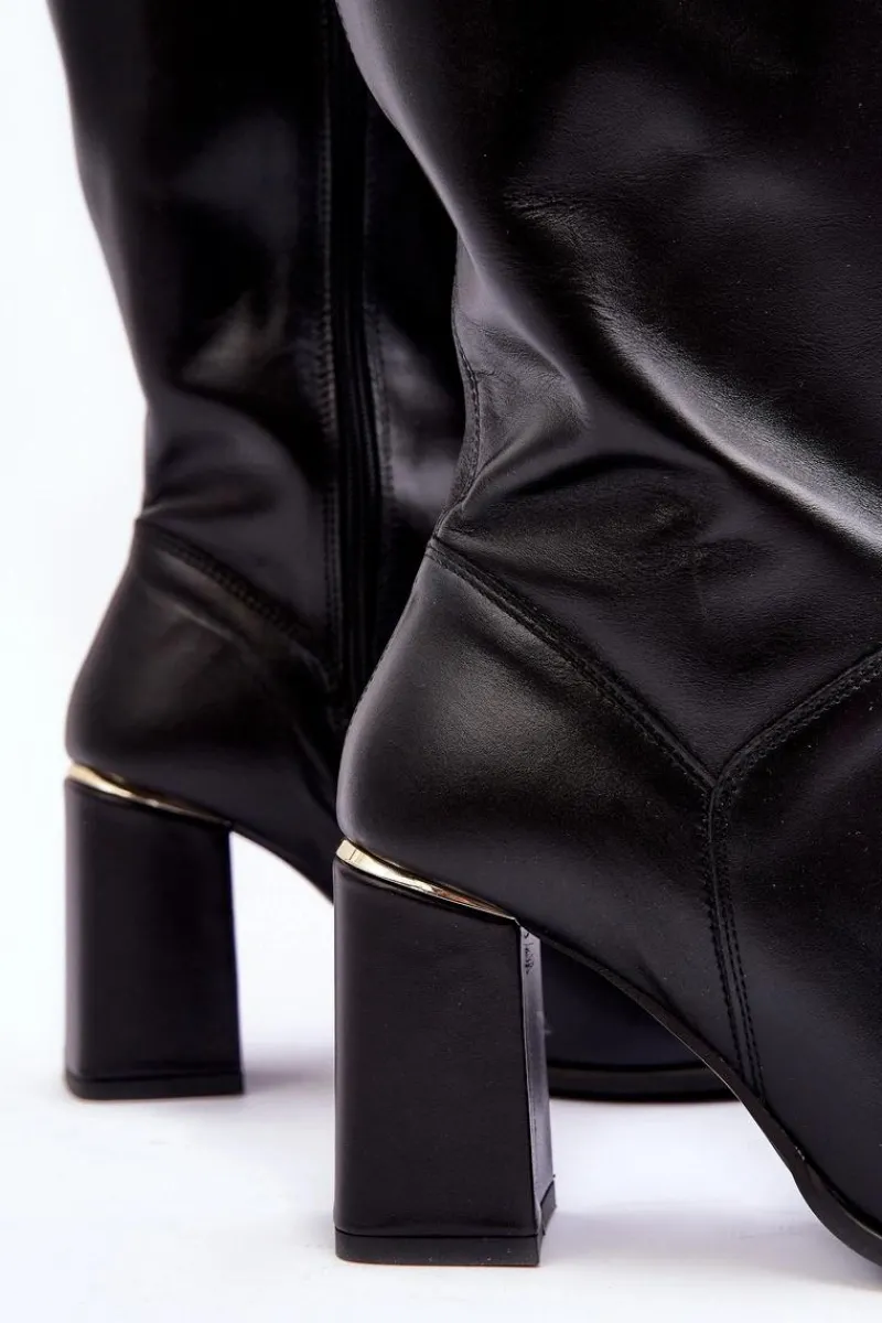 Kozaki Przed Kolano|Kozaki Na Obcasie>Boto Damskie Skórzane Kozaki Na Słupku Czarne Lewski 2928/B Czarny