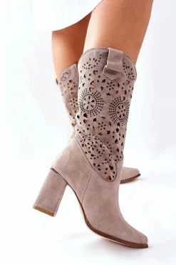 Clearance Damskie Skórzane Kozaki na Słupku Cappuccino Lewski 2923 Pick Me Up Damskie Kozaki Wiosenne|Kozaki Przed Kolano