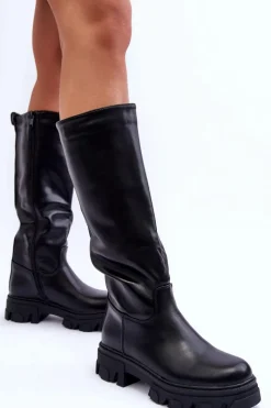 New Damskie Skórzane Kozaki Oficerki Na Płaskim Obcasie Czarne Nenet Damskie Kozaki Płaskie|Kozaki Przed Kolano