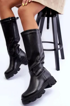 New Damskie Skórzane Kozaki Oficerki Na Płaskim Obcasie Czarne Nenet Damskie Kozaki Płaskie|Kozaki Przed Kolano