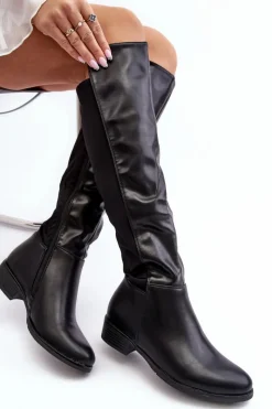 Kozaki Ocieplane|Kozaki Płaskie></noscript>Damskie buty S.Barski Damskie Skórzane Kozaki Przed Kolano S.Barski HY27098A Czarne Czarny