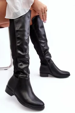 Kozaki Ocieplane|Kozaki Płaskie></noscript>Damskie buty S.Barski Damskie Skórzane Kozaki Przed Kolano S.Barski HY27098A Czarne Czarny