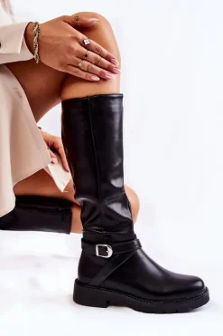 Online Damskie Skórzane Kozaki Z Paskiem Czarne Liese Damskie Kozaki Płaskie|Kozaki Przed Kolano