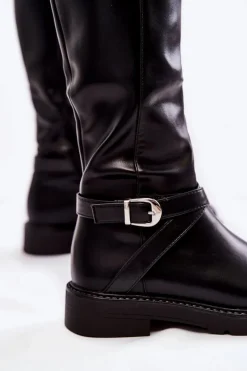Online Damskie Skórzane Kozaki Z Paskiem Czarne Liese Damskie Kozaki Płaskie|Kozaki Przed Kolano