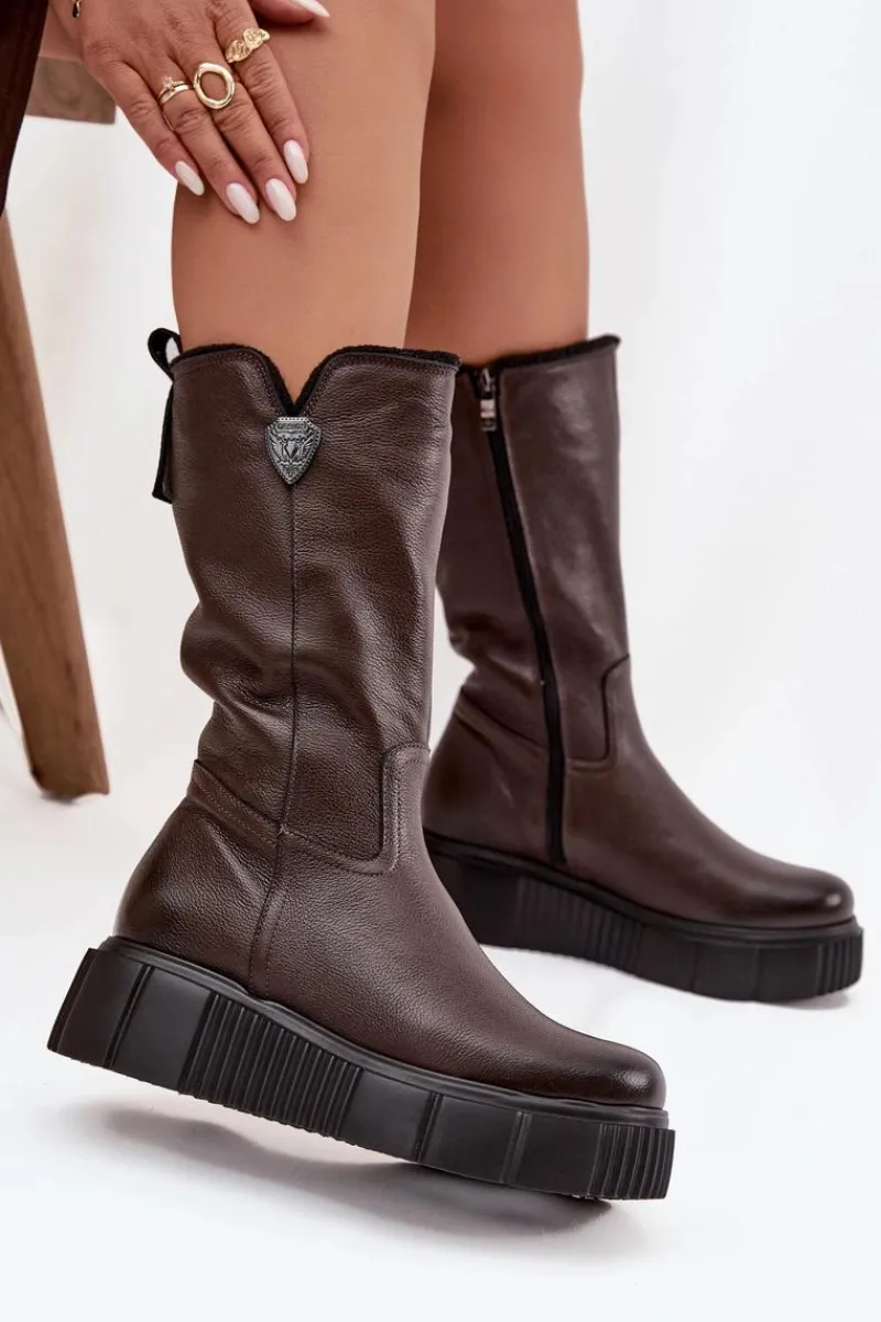 Online Zazoo Damskie Skórzane Kozaki Z Wełną 70121 Czekoladowe Brązowy