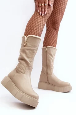 Hot Damskie Skórzane Kozaki Z Wełną 70121 Beżowe Damskie Kozaki Ocieplane|Kozaki Na Koturnie