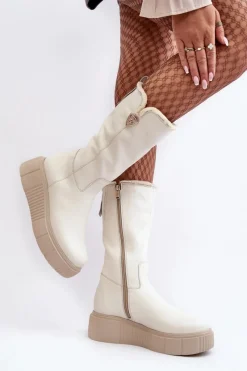 Kozaki Na Koturnie|Kozaki Przed Kolano></noscript>Zazoo Damskie Skórzane Kozaki Z Wełną Kremowe Bayla