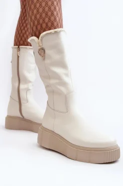 Kozaki Na Koturnie|Kozaki Przed Kolano></noscript>Zazoo Damskie Skórzane Kozaki Z Wełną Kremowe Bayla