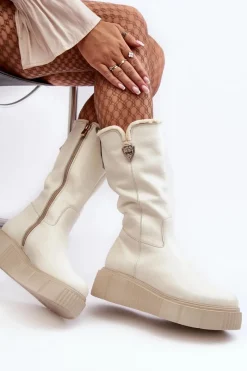 Kozaki Na Koturnie|Kozaki Przed Kolano></noscript>Zazoo Damskie Skórzane Kozaki Z Wełną Kremowe Bayla