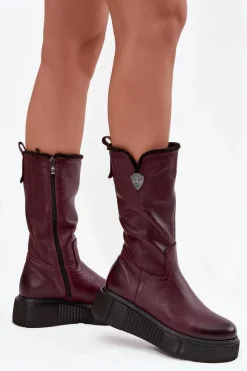 Kozaki Ocieplane|Kozaki Na Koturnie>Zazoo Damskie Skórzane Kozaki Z Wełną 70121 Bordowe Czerwony