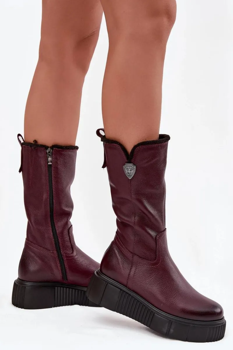 Kozaki Ocieplane|Kozaki Na Koturnie>Zazoo Damskie Skórzane Kozaki Z Wełną 70121 Bordowe Czerwony